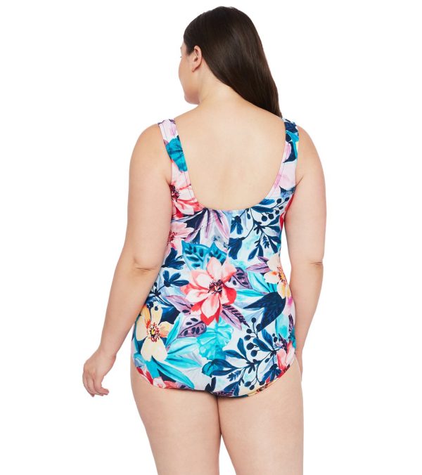 Maxine Plus Size Vintage Garden Shirred Girl Leg One Piece Swimsuit Sale - Image 2