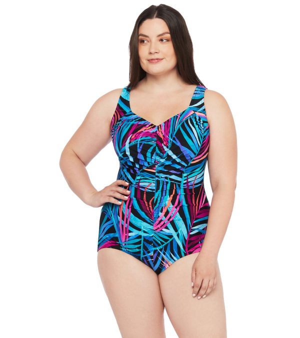 Maxine Plus Size Jungle Party Shirred Girl Leg One Piece Swimsuit on Sale